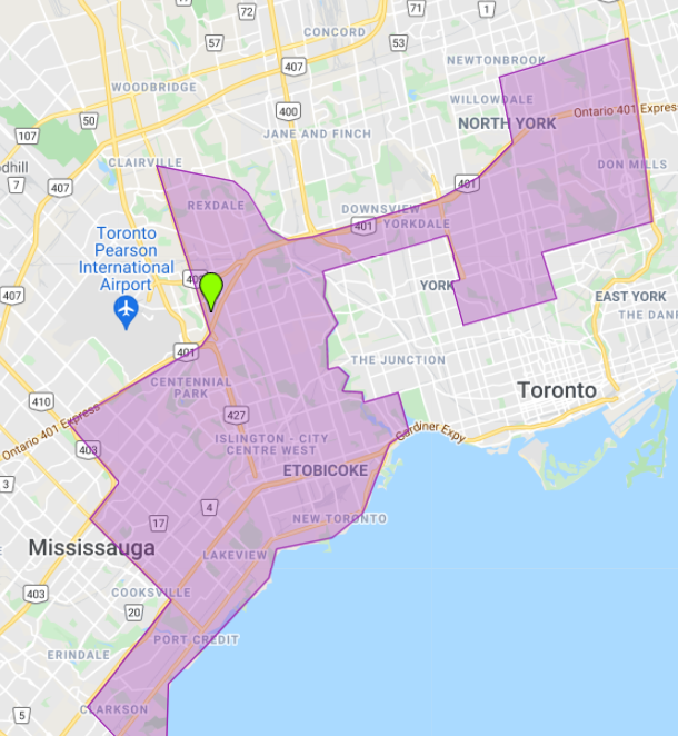 Map showing pool service area within the GTA