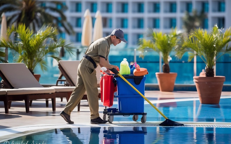 hotel staff worker cleaning pool  